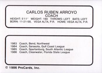 1986 ProCards Clearwater Phillies #1 Carlos Arroyo Back