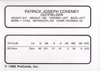 1986 ProCards Clearwater Phillies #5 Pat Coveney Back