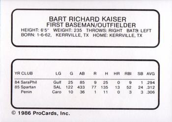 1986 ProCards Clearwater Phillies #12 Bart Kaiser Back