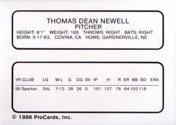 1986 ProCards Clearwater Phillies #18 Tom Newell Back