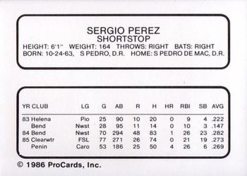 1986 ProCards Clearwater Phillies #19 Sergio Perez Back