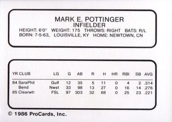 1986 ProCards Clearwater Phillies #20 Mark Pottinger Back