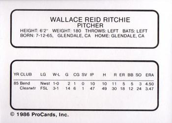 1986 ProCards Clearwater Phillies #21 Wally Ritchie Back