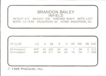 1986 ProCards Columbia Mets #4 Brandon Bailey Back
