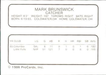1986 ProCards Columbia Mets #6 Mark Brunswick Back