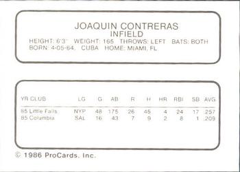 1986 ProCards Columbia Mets #7 Joaquin Contreras Back
