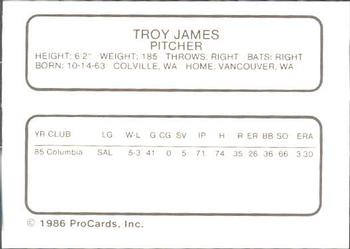 1986 ProCards Columbia Mets #14 Troy James Back