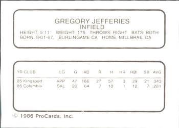 1986 ProCards Columbia Mets #16 Gregg Jefferies Back