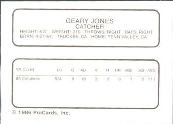 1986 ProCards Columbia Mets #17 Geary Jones Back