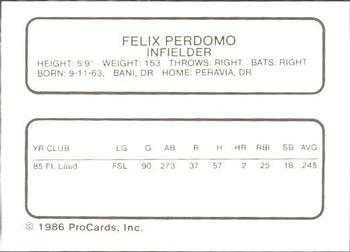 1986 ProCards Columbia Mets #19 Felix Perdomo Back