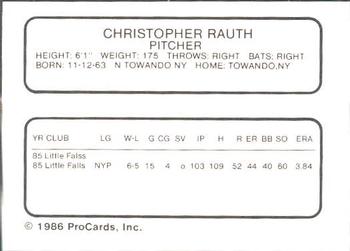 1986 ProCards Columbia Mets #20 Chris Rauth Back