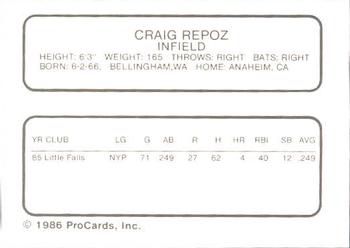 1986 ProCards Columbia Mets #21 Craig Repoz Back