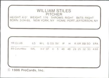 1986 ProCards Columbia Mets #24 William Stiles Back