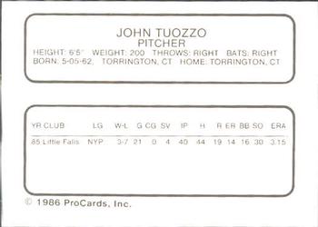 1986 ProCards Columbia Mets #25 John Tuozzo Back