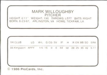 1986 ProCards Columbia Mets #27 Mark Willoughby Back