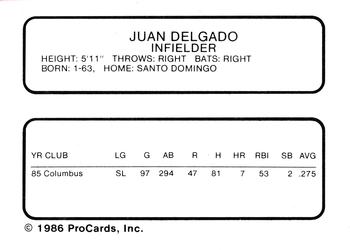 1986 ProCards Columbus Astros #NNO Juan Delgado Back