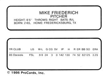 1986 ProCards Columbus Astros #NNO Mike Friederich Back