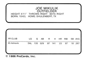 1986 ProCards Columbus Astros #NNO Joe Mikulik Back