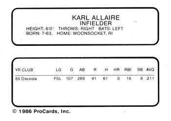 1986 ProCards Columbus Astros #NNO Karl Allaire Back