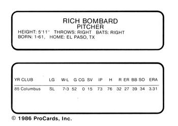 1986 ProCards Columbus Astros #NNO Rich Bombard Back