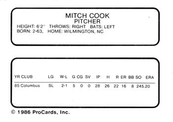 1986 ProCards Columbus Astros #NNO Mitch Cook Back