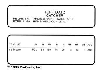 1986 ProCards Columbus Astros #NNO Jeff Datz Back