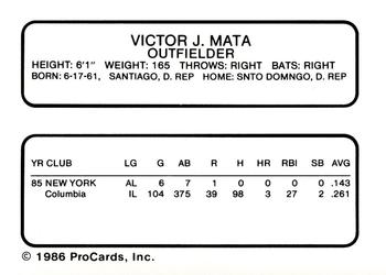 1986 ProCards Columbus Clippers #15 Victor Mata Back