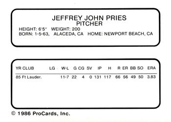 1986 ProCards Columbus Clippers #19 Jeff Pries Back