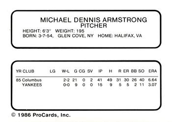1986 ProCards Columbus Clippers #1 Mike Armstrong Back
