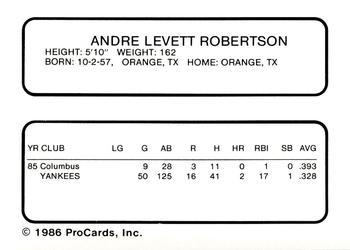 1986 ProCards Columbus Clippers #21 Andre Robertson Back
