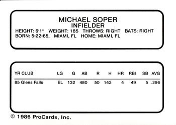1986 ProCards Columbus Clippers #24 Mike Soper Back