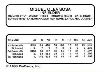 1986 ProCards Columbus Clippers #25 Miguel Sosa Back