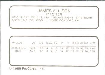 1986 ProCards Daytona Beach Islanders #1 Jim Allison Back