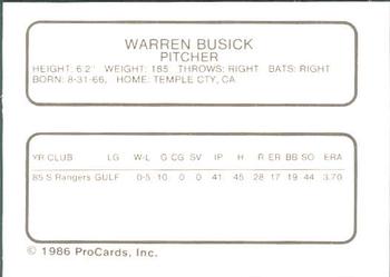 1986 ProCards Daytona Beach Islanders #3 Warren Busick Back