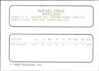1986 ProCards Daytona Beach Islanders #6 Rafael Cruz Back