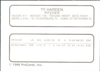 1986 ProCards Daytona Beach Islanders #10 Ty Harden Back