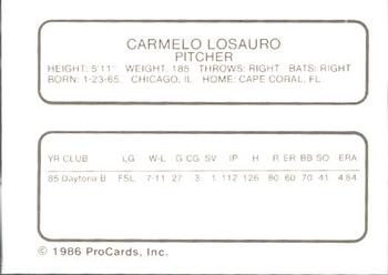 1986 ProCards Daytona Beach Islanders #17 Carmelo LoSauro Back