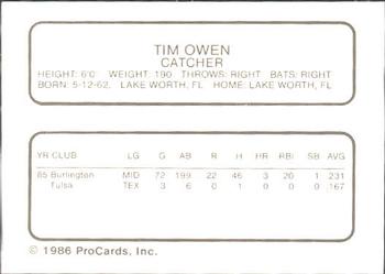 1986 ProCards Daytona Beach Islanders #20 Tim Owen Back