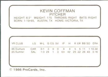 1986 ProCards Durham Bulls #5 Kevin Coffman Back