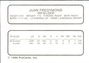 1986 ProCards Durham Bulls #11 Juan Fredymond Back