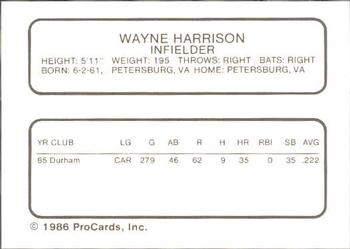 1986 ProCards Durham Bulls #13 Wayne Harrison Back