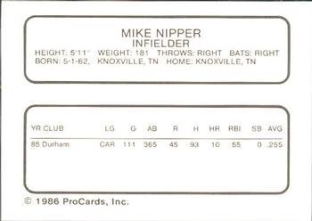 1986 ProCards Durham Bulls #20 Mike Nipper Back