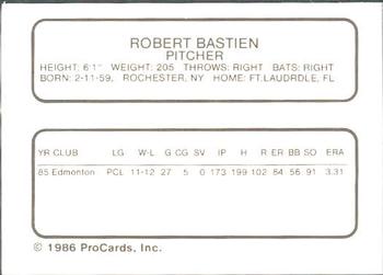 1986 ProCards Edmonton Trappers #1 Robert Bastian Back
