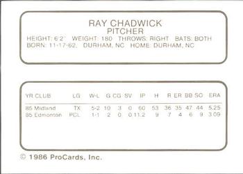 1986 ProCards Edmonton Trappers #3 Ray Chadwick Back