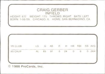 1986 ProCards Edmonton Trappers #13 Craig Gerber Back