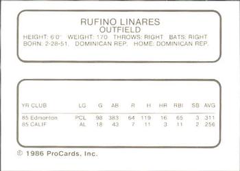 1986 ProCards Edmonton Trappers #18 Rufino Linares Back