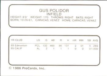 1986 ProCards Edmonton Trappers #22 Gus Polidor Back