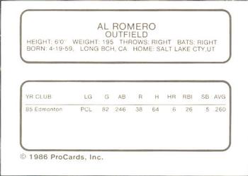 1986 ProCards Edmonton Trappers #24 Al Romero Back