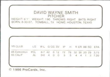 1986 ProCards Edmonton Trappers #26 David Wayne Smith Back