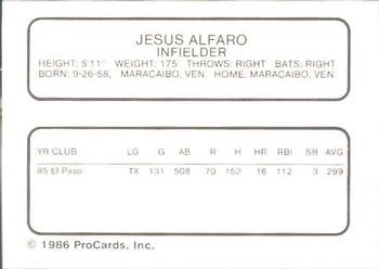 1986 ProCards El Paso Diablos #2 Jesus Alfaro Back